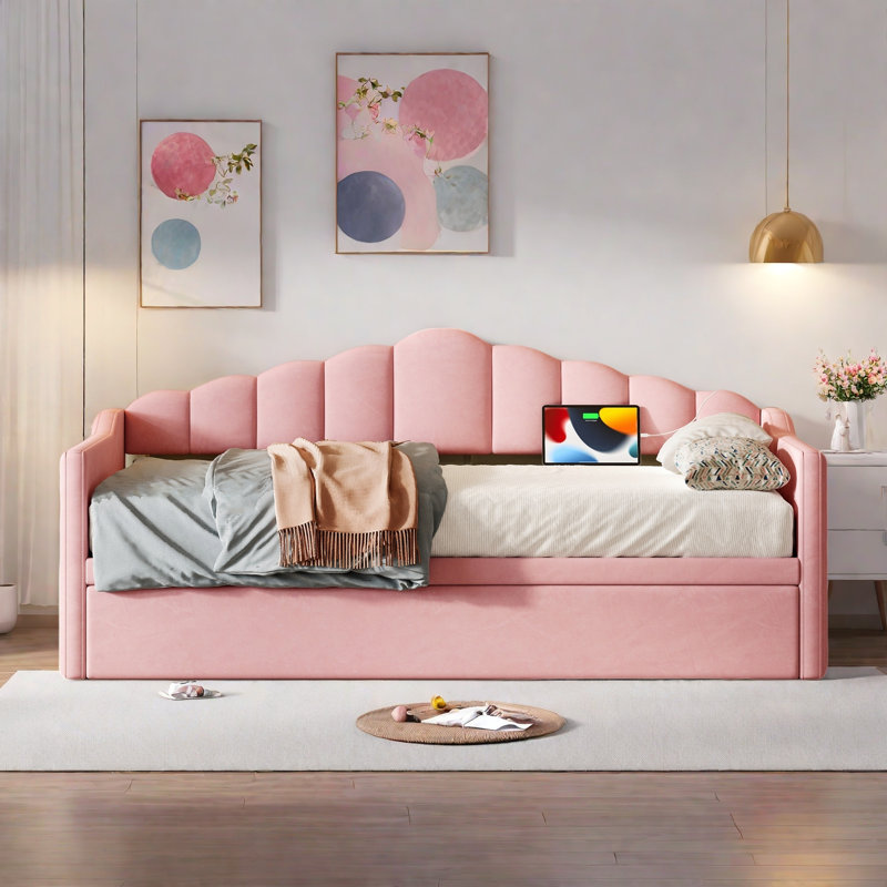Upholstered Daybed With Pop Up Trundle, Charging Ports, 2 Side Pockets And Curved Backrest Design, Pink
