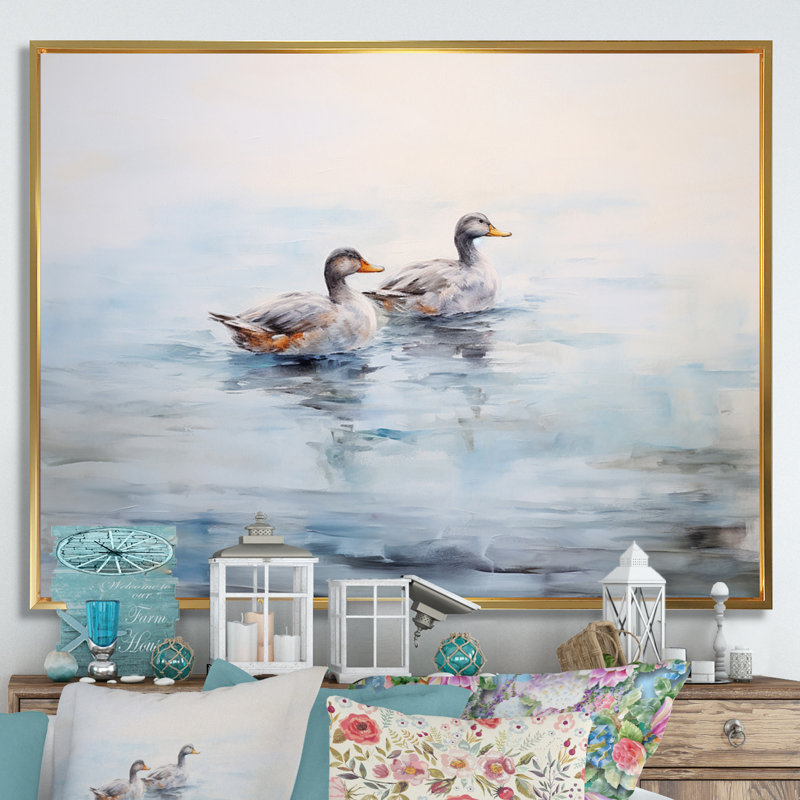 «Brown Ducks», reproduction sur toile, Cadre flottant doré, 12" H x 20" W