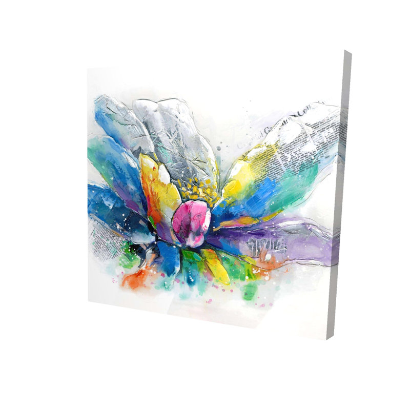 Fleur abstraite avec journal - Toile bleue, H 36 po x l 36 po
