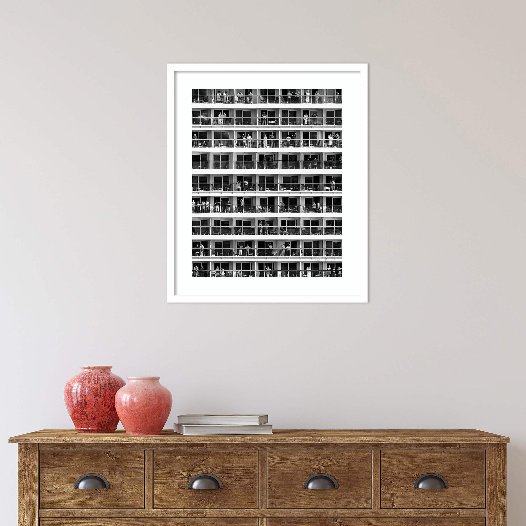 Mass Tourism (People) by Franz Baumann, White Framed, 25" H x 21" W x 1" D