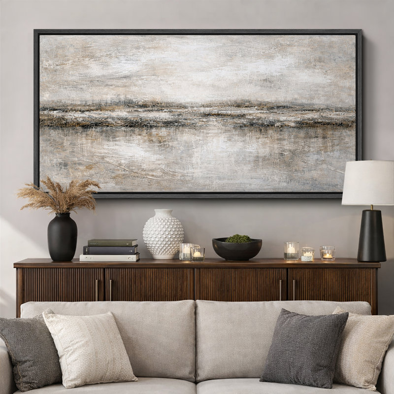 «Abstract Neutral Horizon Landscape Artwork», impression de giclée sur toile encadrée, Cadre noir