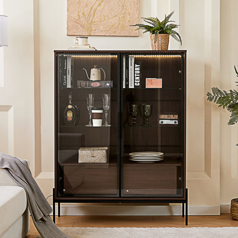 Vitrine lumineuse avec porte en verre trempé, vitrine à DEL, armoire d'appoint, Noyer foncé
