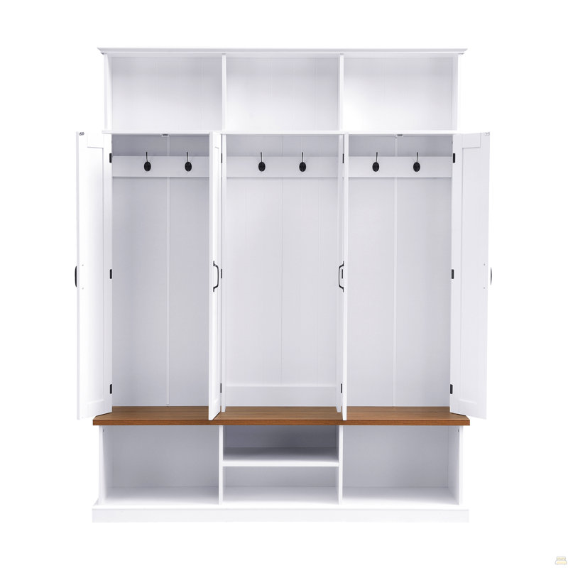Arbre d'entrée 62,2 po avec banc, 3 casiers supérieurs et un espace de rangement inférieur, portemanteau de ferme avec crochets et armoires pour le vestibule, le couloir, le vestibule, le salon