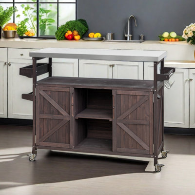 50.2" W Solid Wood Kitchen Island with Stainless Top