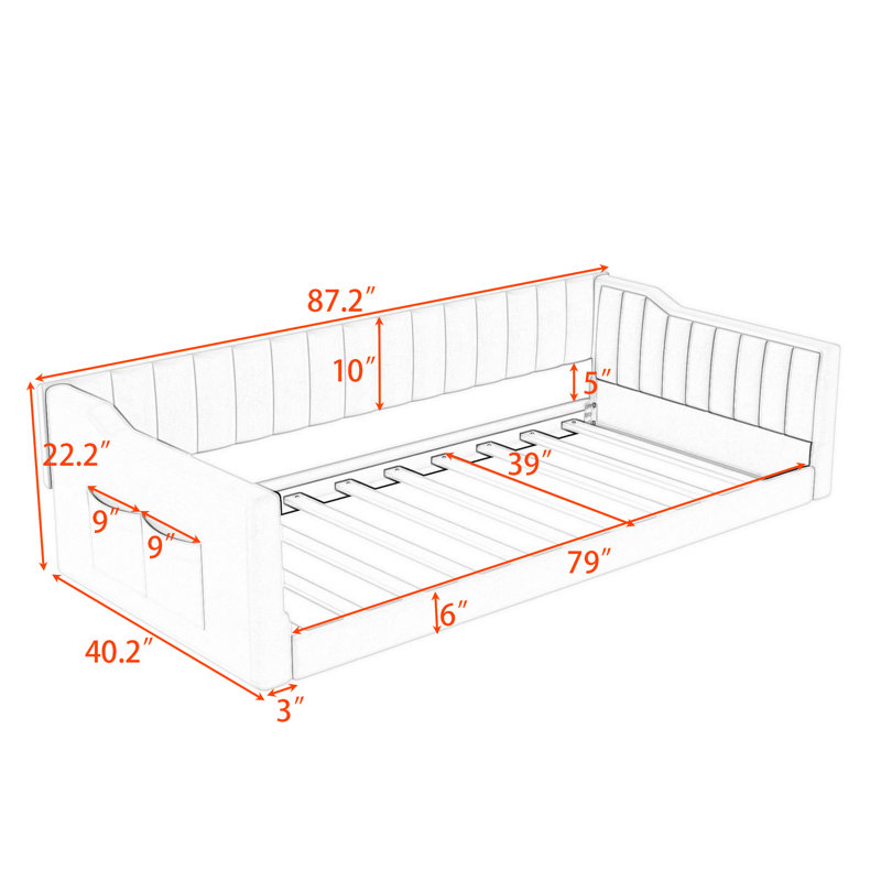  Upholstered Daybed with Slats and Side Storage Pocket, Gray, Extra-Long Twin