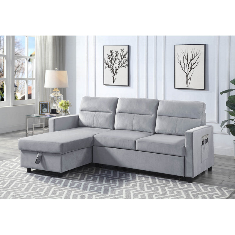 Canapé-lit modulaire réversible moderne en velours gris clair de l 81,5 po avec méridienne de rangement et poche latérale