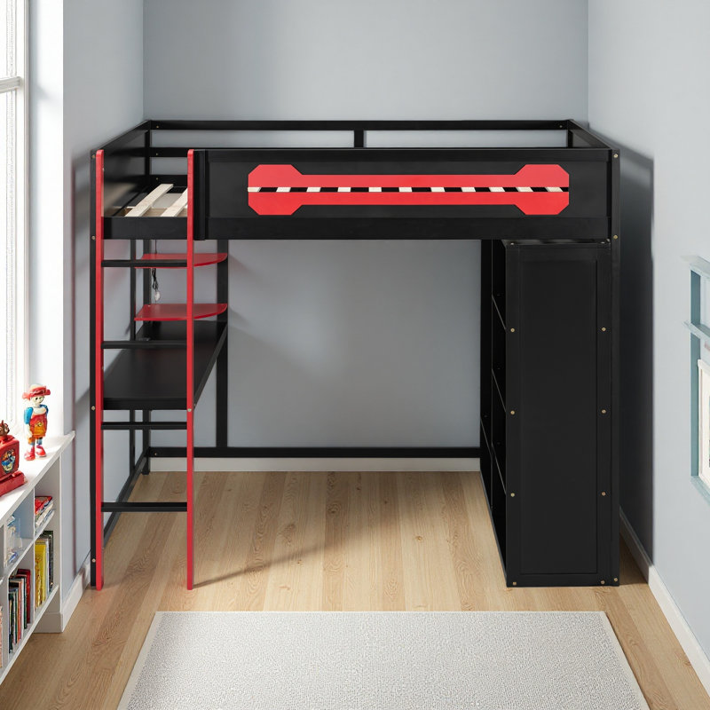 Lit mezzanine en bois pleine grandeur avec bureau, garde-robe ouverte et lumière RVB, Rouge / Noir