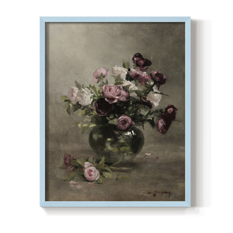 Impression florale vintage encadrée CXII - bois massif, Bleu, H 15 po x l 12 po