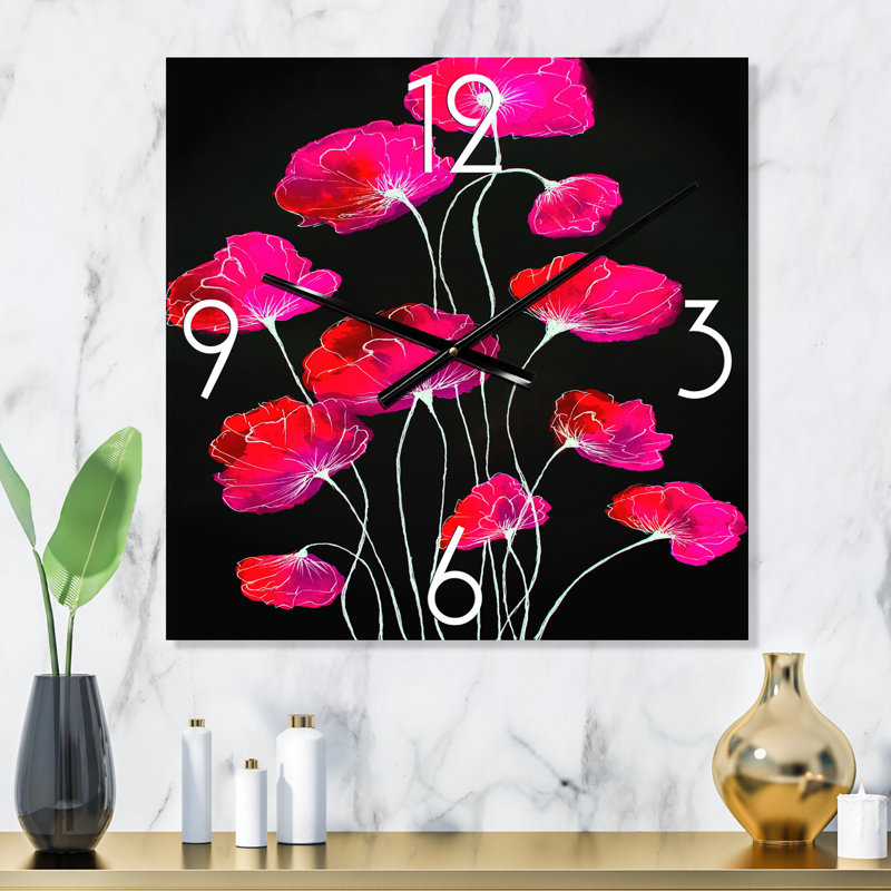 Horloge murale abstraite fleur rouge sur fond noir III, Très grand