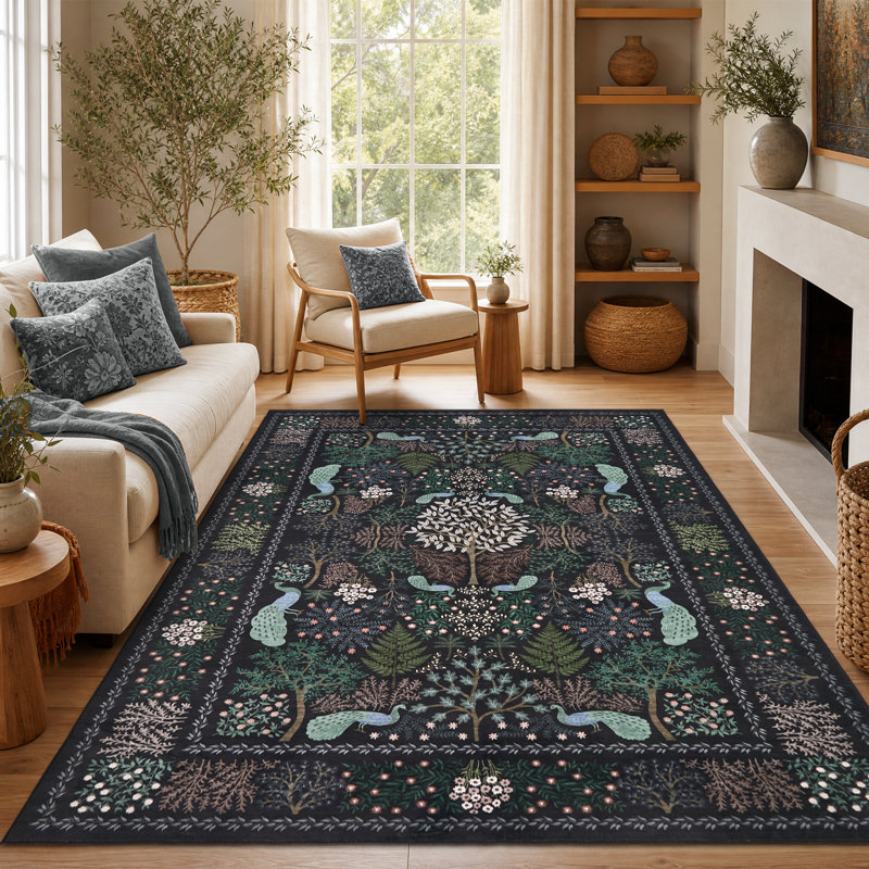 Tapis lavable Peacock Botanical, Navy, Rectangle 9' x 12'