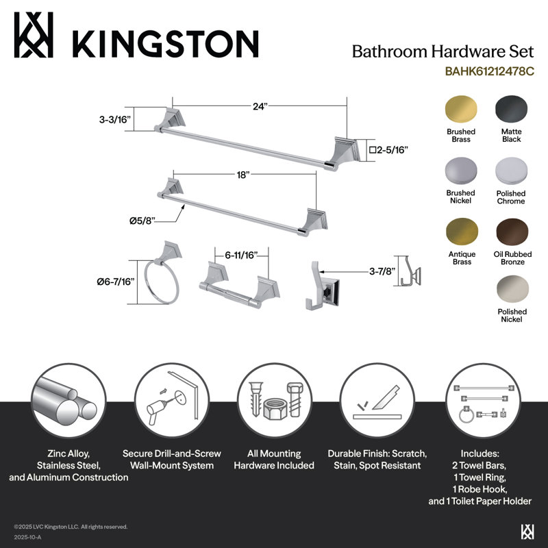 Kingston Brass Monarch 5-Piece Bathroom Hardware Set, Polished Nickel