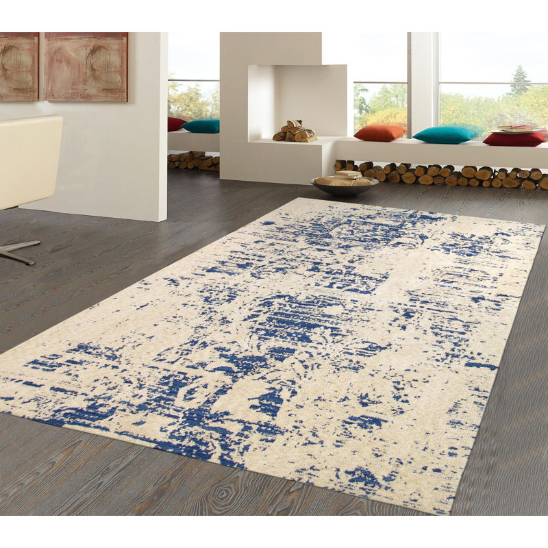Abstract Handmade Tufted Beige/Blue Area Rug, Rectangle 5' x 8'