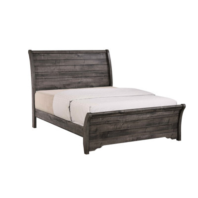 Design contemporain, grand lit, finition grise, lignes horizontales, tête de lit légèrement inclinée, pieds de support, fabrication en bois, chambre à coucher
