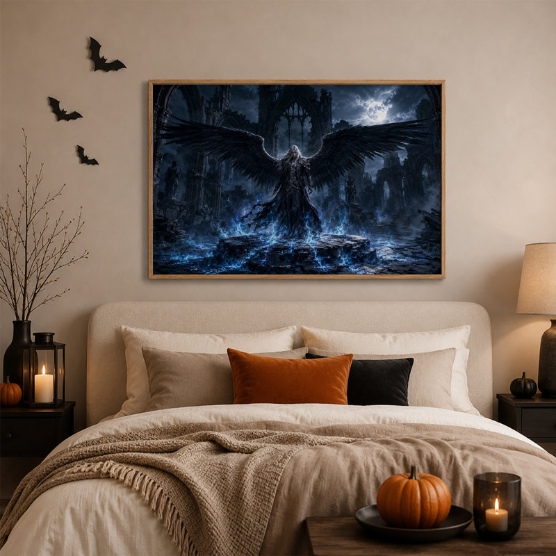 Ange aux ailes sombres dans des ruines gothiques avec toile murale bleue d'Halloween, H 18 po x l 24 po