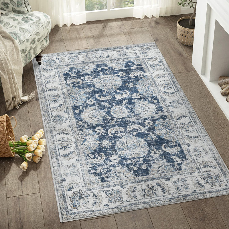 Floral Rug Vintage Botanical Print Distressed Dark Blue, Distressed Dark Blue, Rectangle 3' x 5'