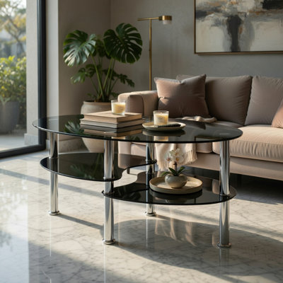 Table d'appoint ovale moderne en verre trempé avec deux tablettes Hommoo, table basse de salon pour petits espaces, noir