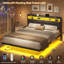 Floating Bed Frame 135×190CM /150×200CM with LED Lights & Charging Station, Metal Platform Bed frame with Upholstered Headboard, Easy Assembly,Noise Free,No Box Spring Needed,Dark Gray Linen-1622726237-1622726239