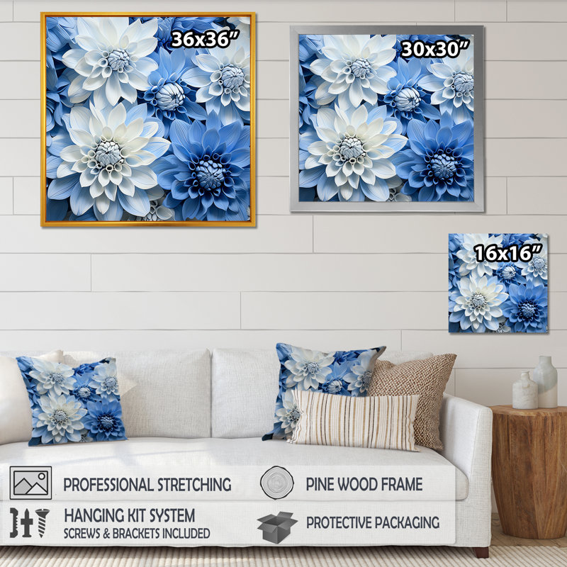 «White and Blue Dahlia Embrace I», reproduction sur toile, Toile tendue, 24" H x 24" W