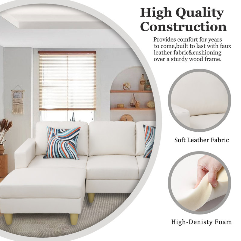 Stevo 1 Faux Leather Sectional Living Room Set, Left - Facing, White Faux Leather