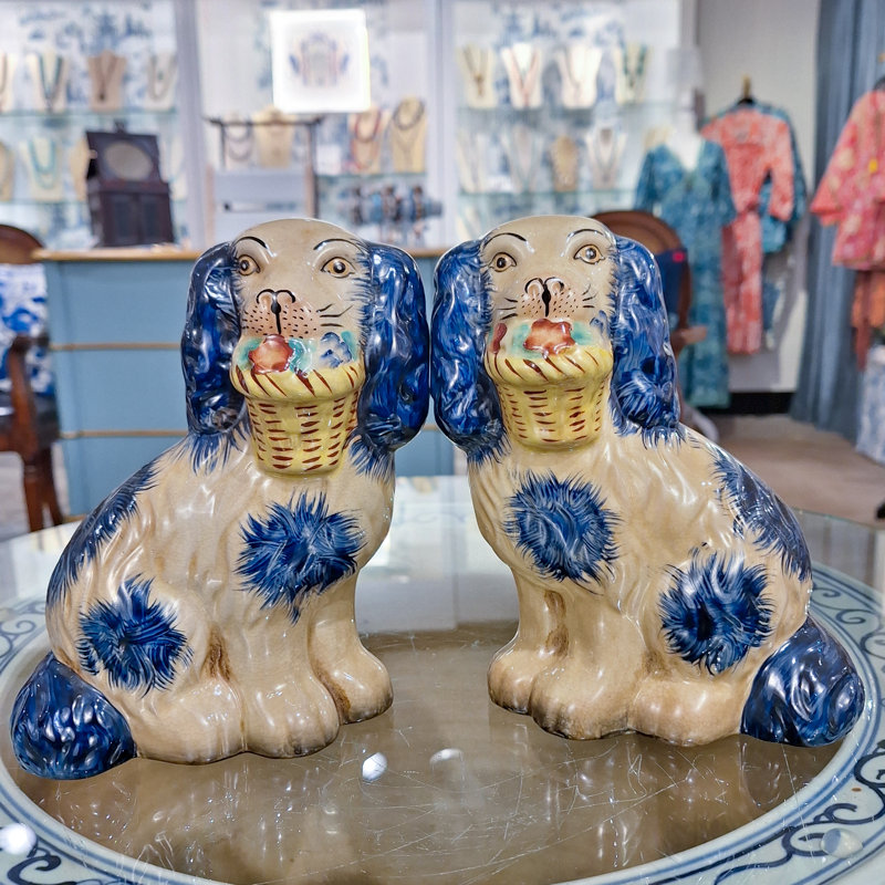 Porcelain Staffordshire Dog Figurines Pair, Blue