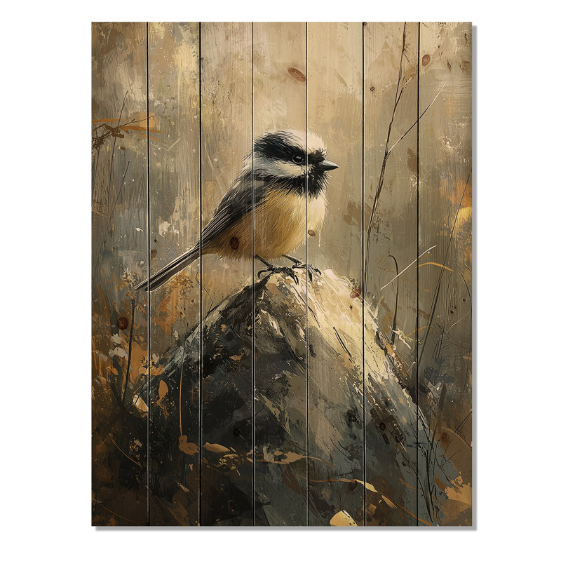 Chickadee oiseau sur une pomme de pin IV - Art mural en bois oiseau - sur bois de pin naturel, H 44 po x l 34 po x P 0,78 po