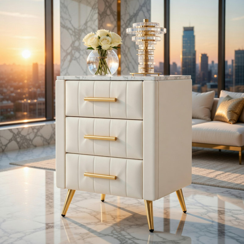 Table de chevet rembourrée en bois avec 3 tiroirs et pieds et poignées en métal, table de chevet avec plan de travail autocollant marbré - beige