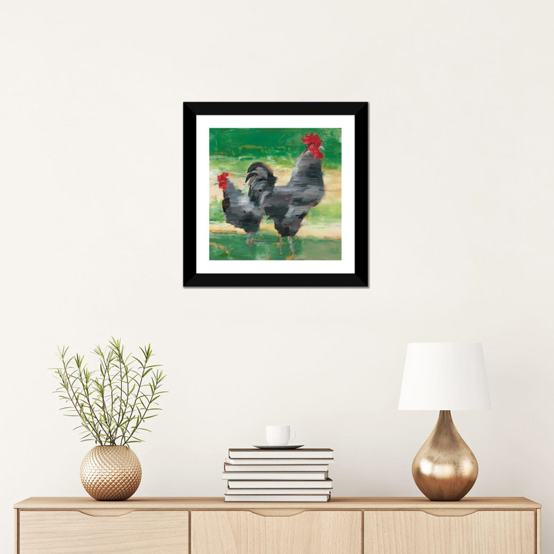 «Black Rooster & Hen I» par Ethan Harper - reproduction d'art, H 16 po x l 16 po x p 1 po, Papier encadré noir, Blanc