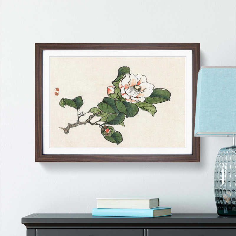 Pink Camelia Flower by Kono Bairei - Framed Print, 50cm H x 76cm W x 2cm D, Walnut