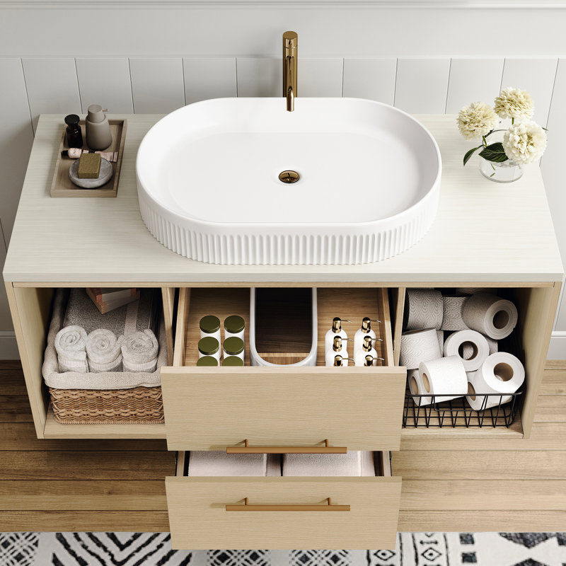Meuble-lavabo mural contemporain de 39,3 po avec lavabo ovale en céramique, tablette ouverte et drain réglable avec salle de bain