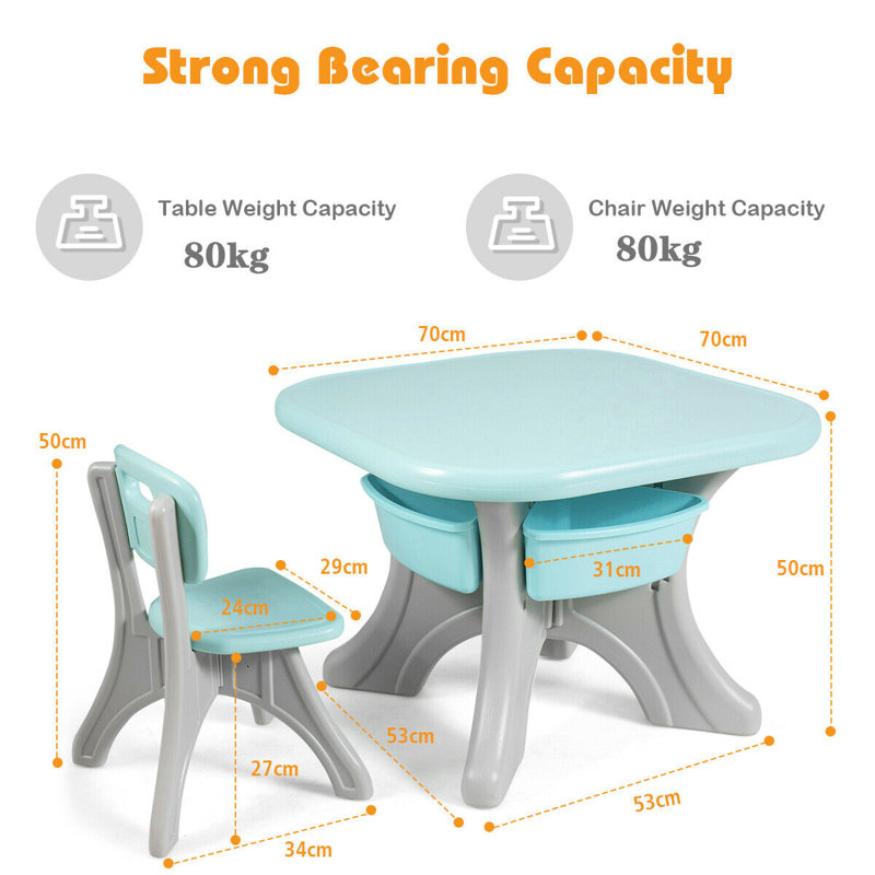 Hanner Kids 3 Piece Square Play Or Activity Table and Chair Set, Grey/Green