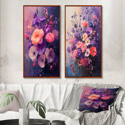 Dreamscape en bouquets assortis mauves et roses I - Décoration murale florale 2 panneaux