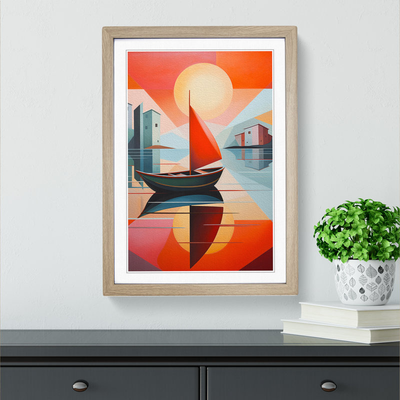 Boat On A Lake Constructivism - Single Picture Frame Print on Wood, Oak Framed, 34cm H x 25cm W x 2cm D