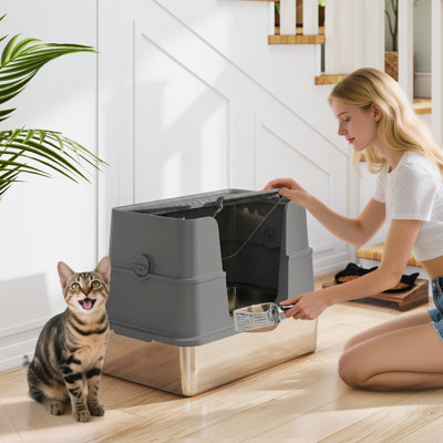 Bac à litière en acier inoxydable XL avec couvercle, très grand couvercle et bac à litière fermé avec entrée latérale pour les grands chats avec couvercle rabattable à 100 °, pelle, sans odeur, nettoyage facile, antiadhésif, anti-fuite, gris foncé