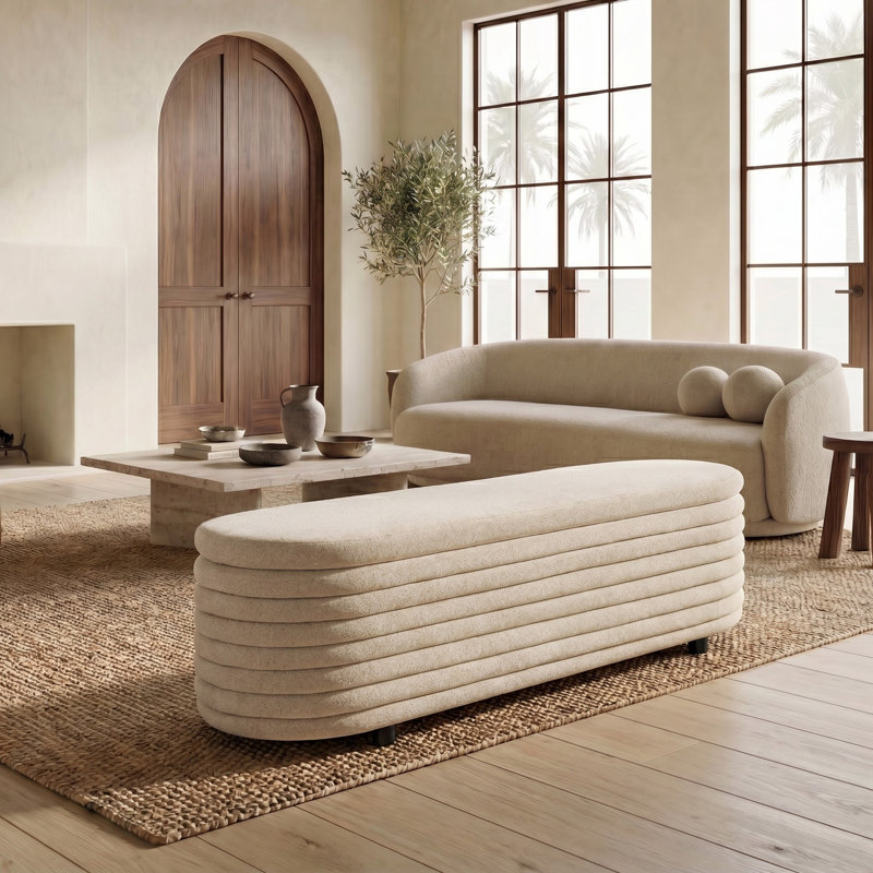 Banc de rangement rembourré Delray, Brun clair bouclé