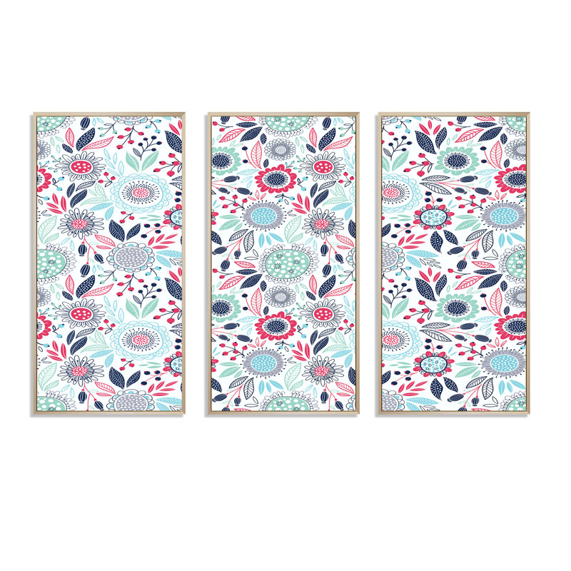 Fleurs rétro roses et bleues - ensemble de 3 reproductions d'art encadrées sur toile, H 28 po x l 36 po x P 1 po