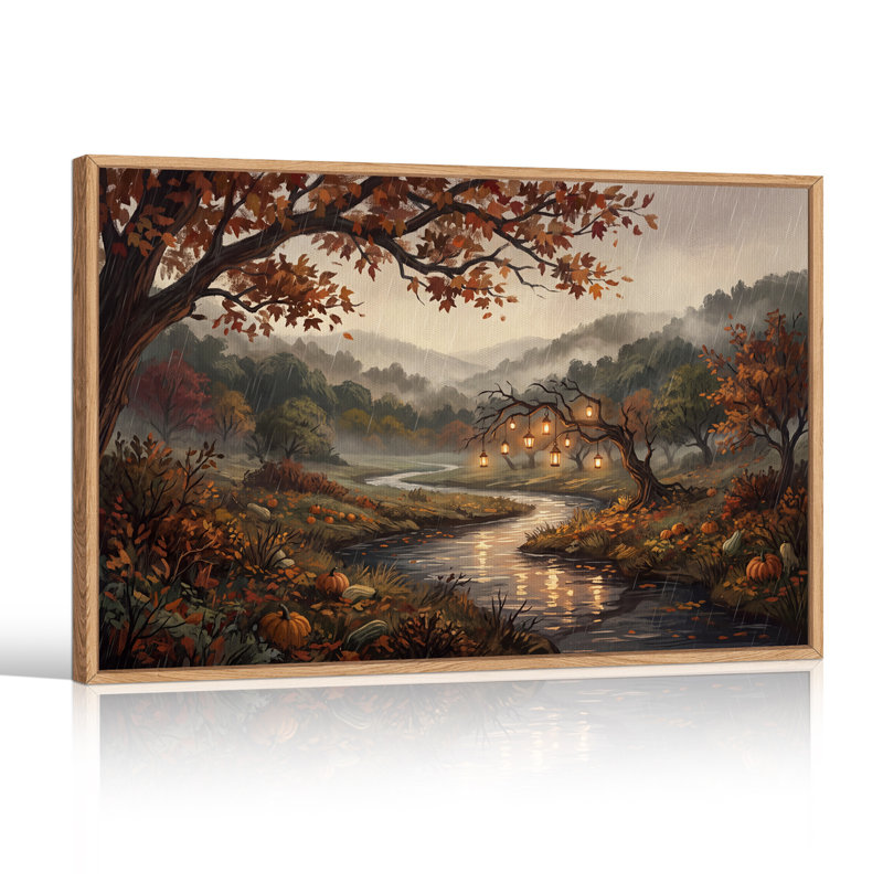 Automne rivière avec citrouilles et lanternes, art mural d'Halloween, H 32 po x l 48 po