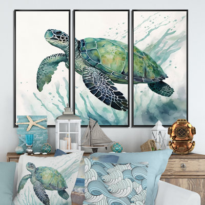 Tortue aquarelle nageant IV - 3 pièces sur toile