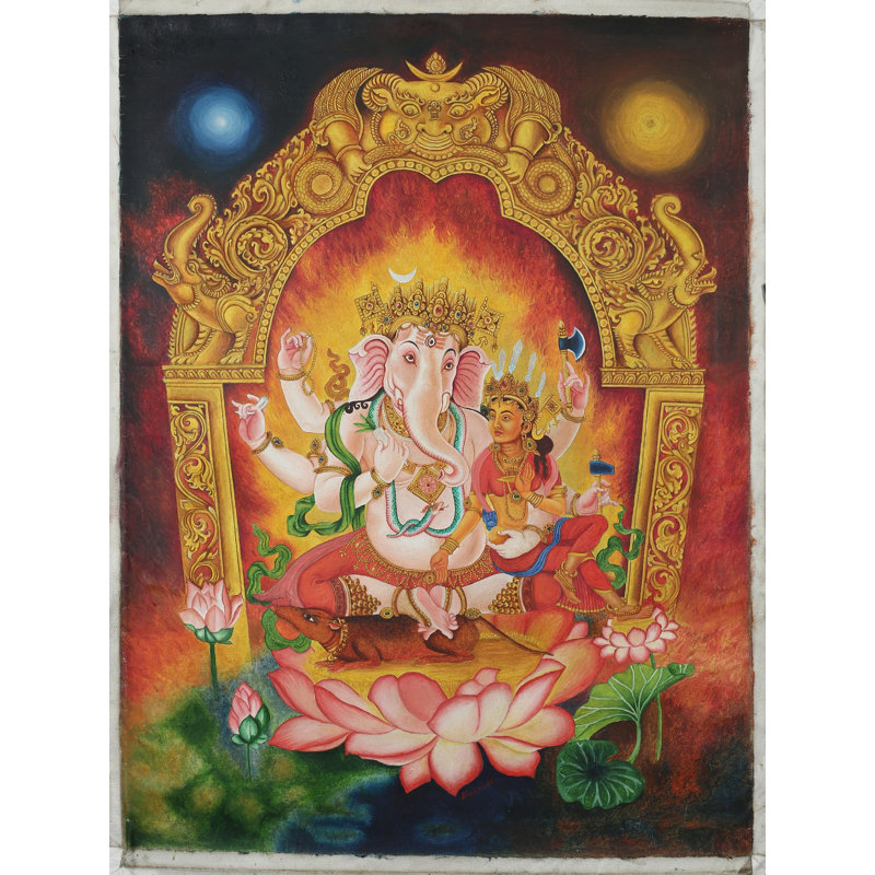 Newari Shakti Ganesha (Thangka sans brocart) | Aquarelle sur coton