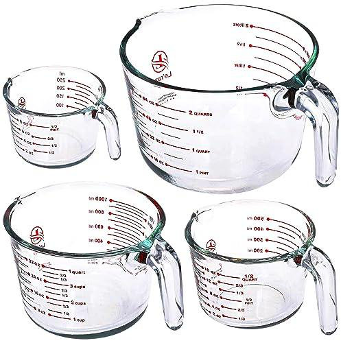 Set of 4 Clear Glass Measuring Cups with Red Markings
