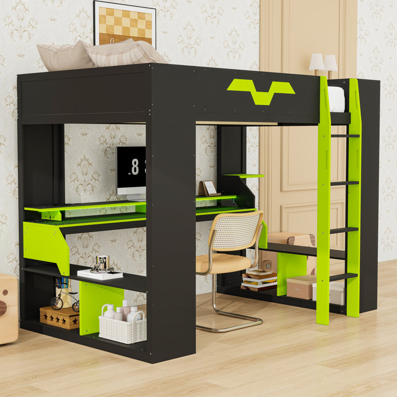 Lit mezzanine avec lumières RVB, ports USB / Type-C, bureau et rangement à plusieurs niveaux, Vert