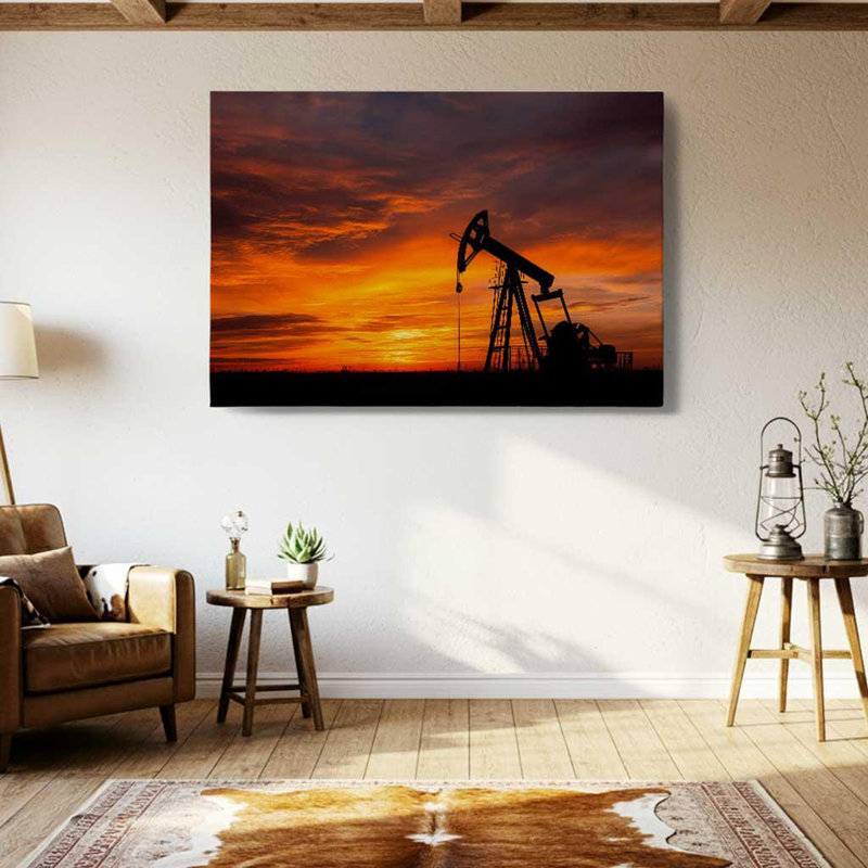 «Texas Oil Pumpjack Sunset», impression sur toile - décor de mur occidental - paysage industriel rustique, H 16 po x l 24 po