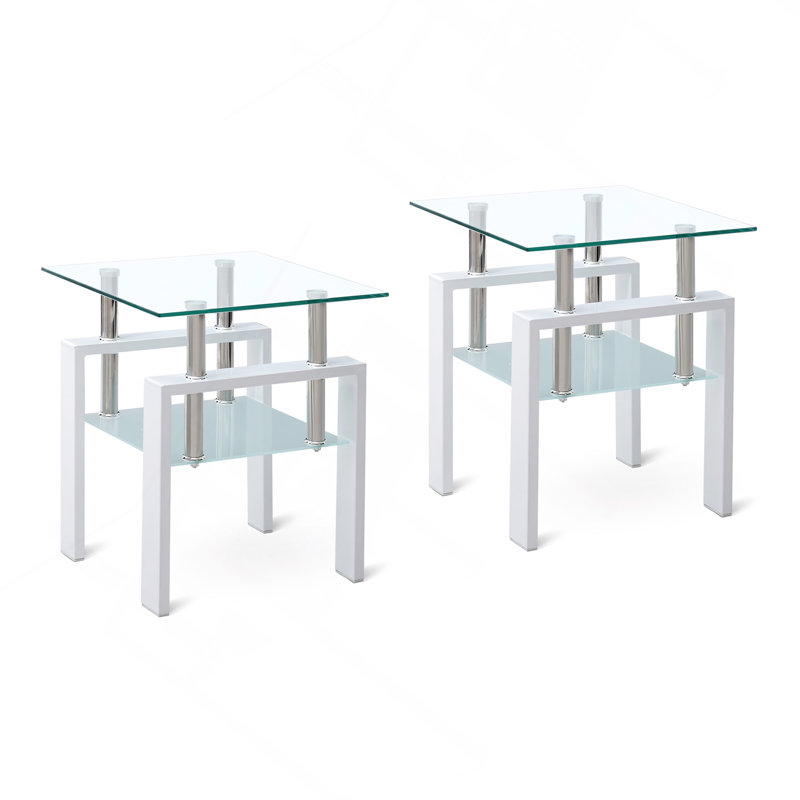 Table de bout en verre trempé blanc 2 pièces, petite table avec rangement à 2 couches, table d'appoint de salon
