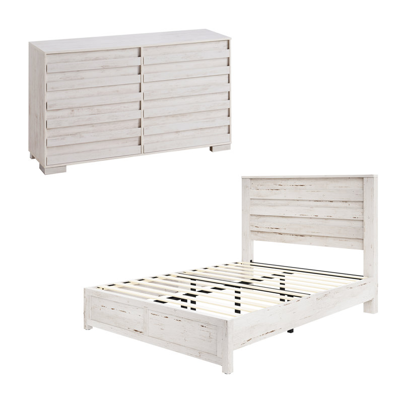  Ensemble de chambre à coucher double, lit plateforme et commode 6 tiroirs Farmhouse, Double, Blanc
