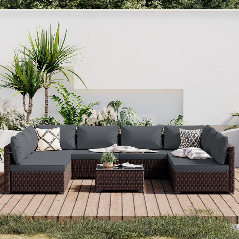 Rosaelena 8 - Person Modular Patio Conversation Sets with Cushions, Dark Gray, Brown