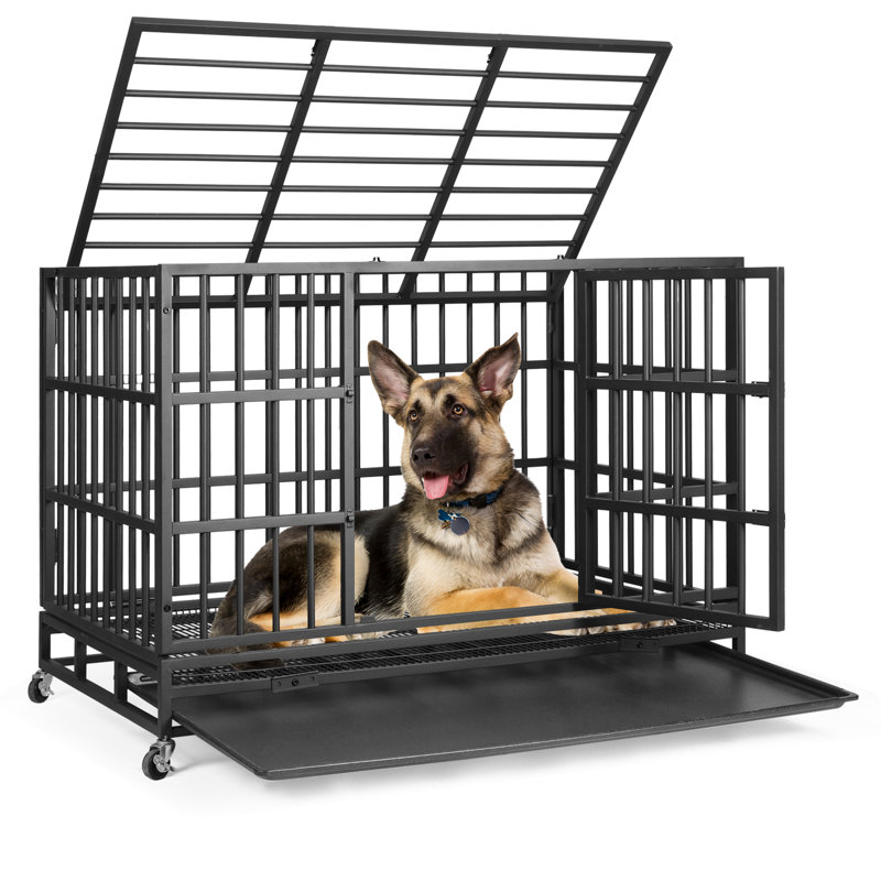 Heavy Duty Indestructible Dog Crate, Steel Escape Proof Dog Cage Kennel for High Anxiety Dogs, with Lockable Wheels and Removable Tray, for Medium Large Dogs