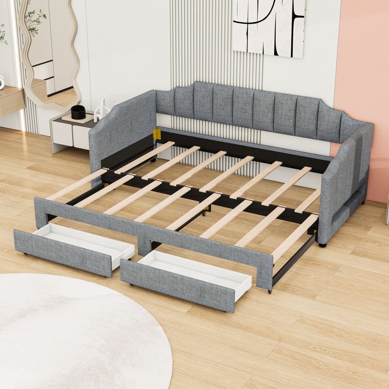 Twin XL Upholstered Daybed with Two Drawers,Trundle and LED Light, Gray
