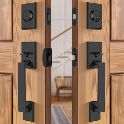 Double Front Door Handleset with Dummy and Deadbolt, Keyed Entry, Matte Black