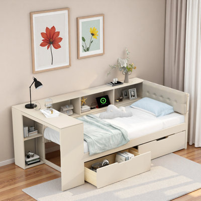 Platform Bed With Storage Shelves, Drawers, Charging Station, Desk And Upholstered Headboard