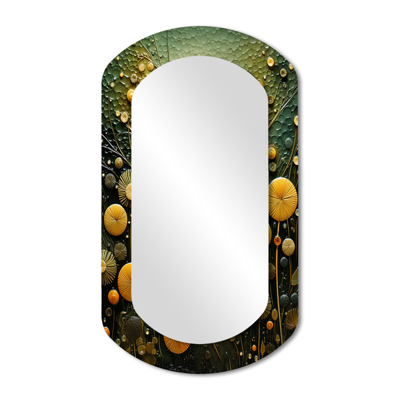 Dyar vert et jaune plantes botaniques abstraites 2 - miroir mural asymétrique Tachisme, miroir décoratif cylindrique vert, impression sur métal