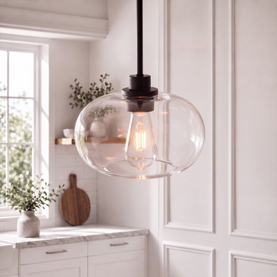 Suspension moderne noire mate à 1 lumière (10 po) avec abat-jour en verre transparent, luminaire suspendu pour îlot de cuisine, culot E26